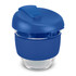 A drink bottle with a blue silicone lid and base, featuring a clear borosilicate glass body and a logo.