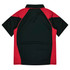 A red and black polo shirt with a collar, featuring a logo on the back.