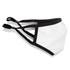 A white reusable face mask with black straps and a logo on the side.