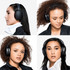 A black wireless headphone displayed from multiple angles, featuring a sleek design and comfortable ear cups.