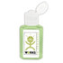 A small, clear bottle of green hand sanitiser gel containing 75% ethyl-alcohol and featuring a logo.