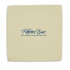 A beige microfibre cloth with a scalloped edge and a logo printed on it.