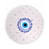 A round beach towel featuring a light background with eye patterns and fringe edges, and decorative text design.