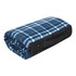 A folded blue and white checked picnic rug with a black trim and a carrying handle.