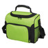 A green cooler bag with a sturdy handle, adjustable strap, and zippered compartments. It features a mesh pocket on the side.