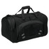 A black duffle bag with multiple zippered compartments and a logo. Features sturdy handles for carrying.