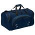A navy duffle bag with multiple zippered compartments and a front pocket. It has black handles and a logo.