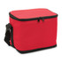 A red cooler bag featuring a zip closure and a black shoulder strap. It has a front pocket and a logo.