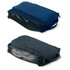 A platform shoe carrier in navy blue and black, featuring a zip closure and a handle, with a logo.