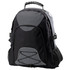 A black and grey backpack featuring a front storage compartment, side mesh pockets, and a textured handle.