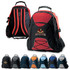 A red and black Climber Backpack with padded straps and a logo, alongside various coloured options.