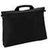 A black satchel with a zippered closure and a handle. It features a simple design and a logo.