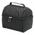 A black lunch bag with a zip closure, featuring a top handle and an external pocket. It has a simple logo.