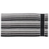 A striped towel featuring shades of grey and black, with a section displaying a logo.