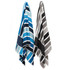 Two striped cabana towels hanging, one in shades of blue and the other in grey and black. Both feature a logo.