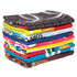 A stack of colourful custom sublimation beach towels in various bright patterns and designs.
