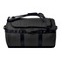 A black duffle bag with a padded shoulder strap and carrying handles, featuring a logo on the side.