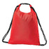 A red drawstring bag with black straps, featuring a simple design and a branded logo.