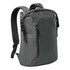 A grey roll-top backpack with adjustable straps and a front zip pocket, featuring a logo on the side.
