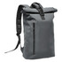 A grey roll-top backpack featuring a front zip pocket and adjustable straps. It has a logo on the design.