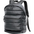 A quilted backpack in dark grey with padded sections and a front zip pocket. Features adjustable shoulder straps.