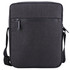 A black shoulder bag with a zippered front pocket and an adjustable strap. It has a logo on the front.