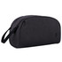 A dark grey toiletry bag with a sleek design and side handle, featuring a logo on the front.