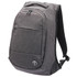 A grey anti-theft backpack featuring multiple compartments and a logo on the front.