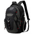 A black and grey backpack with red accents and a logo, featuring multiple compartments and a side pocket.