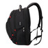 A black backpack with red accents, featuring multiple compartments and adjustable straps. It includes a branding logo.