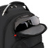 A black backpack featuring a front pocket with sunglasses inside. It has a sleek, modern design and a logo.