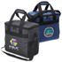 A dual set of cooler bags in black and navy blue, featuring handles and mesh pockets, with logos displayed.