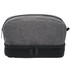 A grey and black toiletry bag with a zippered closure and a logo on the side.