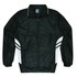 A black tracktop featuring white stripe details, with a zip front and a collar. It has a branding logo.