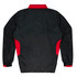 A black and red tracktop featuring a high collar and long sleeves, with a logo on the back.