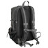 A black backpack with grey straps, featuring multiple compartments and a mesh side pocket. It has a logo on the front.
