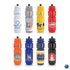 A drink bottle collection featuring various colours including red, blue, black, and orange, each with a different logo.