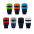 A collection of eight Mi-Cup Travel Mugs in various colours, featuring contrasting lids and grips, some with logos.