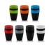 A set of eight Mi-Cup Travel Mugs in various colours: green, orange, blue, red, grey, black, and white. Each has a lid and band.