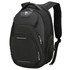 A black backpack with multiple compartments and zippers, featuring padded shoulder straps and a logo.