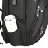 A black backpack with a white drink bottle in a side pocket, featuring multiple zipped compartments and a logo.