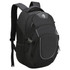 A black backpack featuring multiple compartments and a logo, designed for practicality and style.