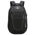 A black backpack featuring multiple compartments, zippers, and a logo on the front.