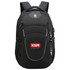 A black backpack with multiple compartments, featuring a logo and padded straps for comfort.