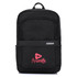 A black backpack with a front pocket, featuring a logo and branding in pink and grey.