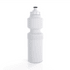 A drink bottle in white with a ribbed middle section and a black nozzle cap, featuring a logo.