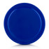 A blue Frisbee with a smooth, round surface and a rimmed edge, featuring a logo.