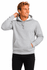 A grey men's hoodie featuring a front pocket and a drawstring hood, worn by a smiling man.