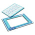 A magnetic photo frame in aqua blue, featuring a calendar layout and a rectangular photo opening, with a logo.