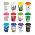 A collection of double wall coffee cups in various designs and vibrant colours, each with a different lid and logo.